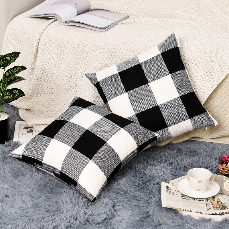 Tosewever Set of 2 Buffalo Check Plaid Pillow Covers  Farmhouse Rustic Pillow Cases  Cotton Linen Throw Pillow Covers Cushion Case for Home Decor Car Bed Sofa Couch (16"" x 16""  2 Pack Black & White) - Image 5